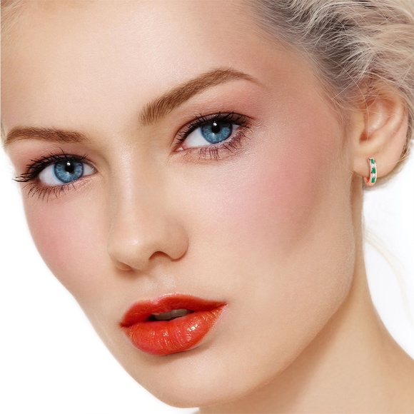 HOOP EARRING WITH NATURAL EMERALDS & WHITE TOPAZ - Picture 2 of 6